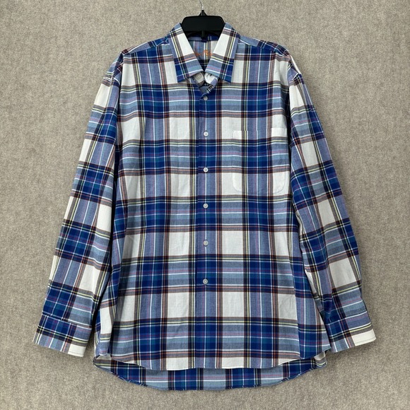 Alan Flusser LARGE Long Sleeve 100% Cotton Button Down Casual‎ Blue Plaid Shirt - Picture 1 of 7